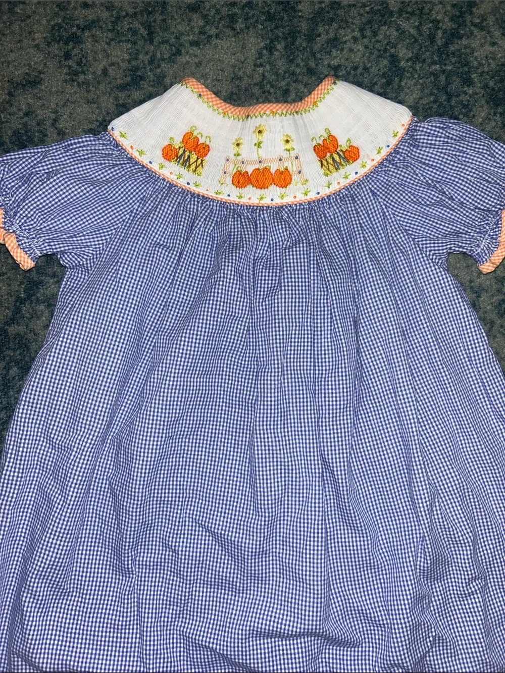 Blue Gingham Pumpkin Smocked Kids Dress with Peach Trim